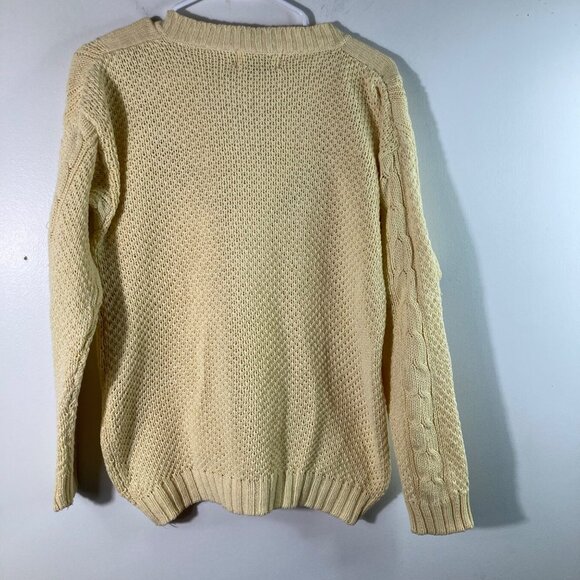 Womens Vintage 80s Gitano V Neck Cable Knit Sweater Floral Yellow L 3/4 Sleeve - Picture 2 of 8